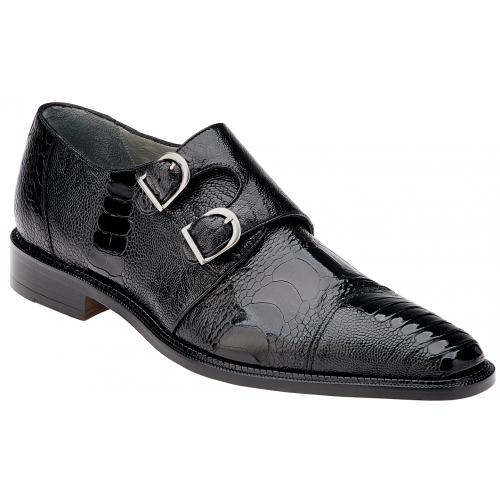 Belvedere "Sato" Black All-Over Genuine Ostrich With Double Buckle Monk Strap Shoes 1601